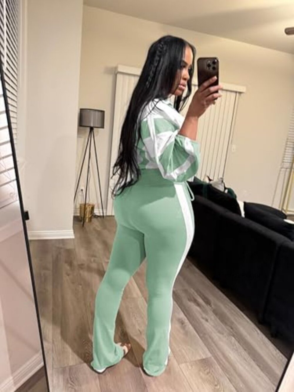 2 Piece Outfit Color Block Zip Jacket Bodycon Long Pants Set - Picture 2 of 6